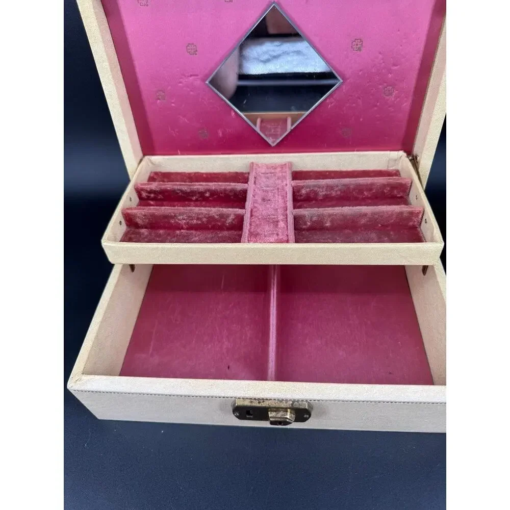Vintage 1950s Bond St Jewel Case Jewelry Box Pink Velvet Mirror Key MCM